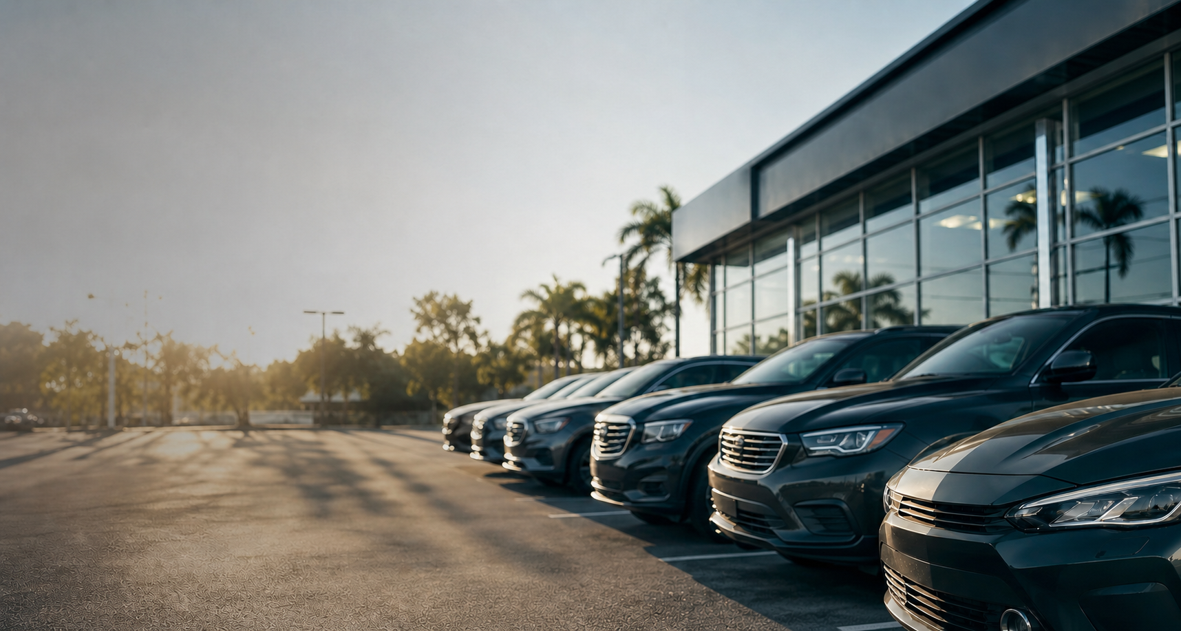 Automobile inventory outside a modern dealership