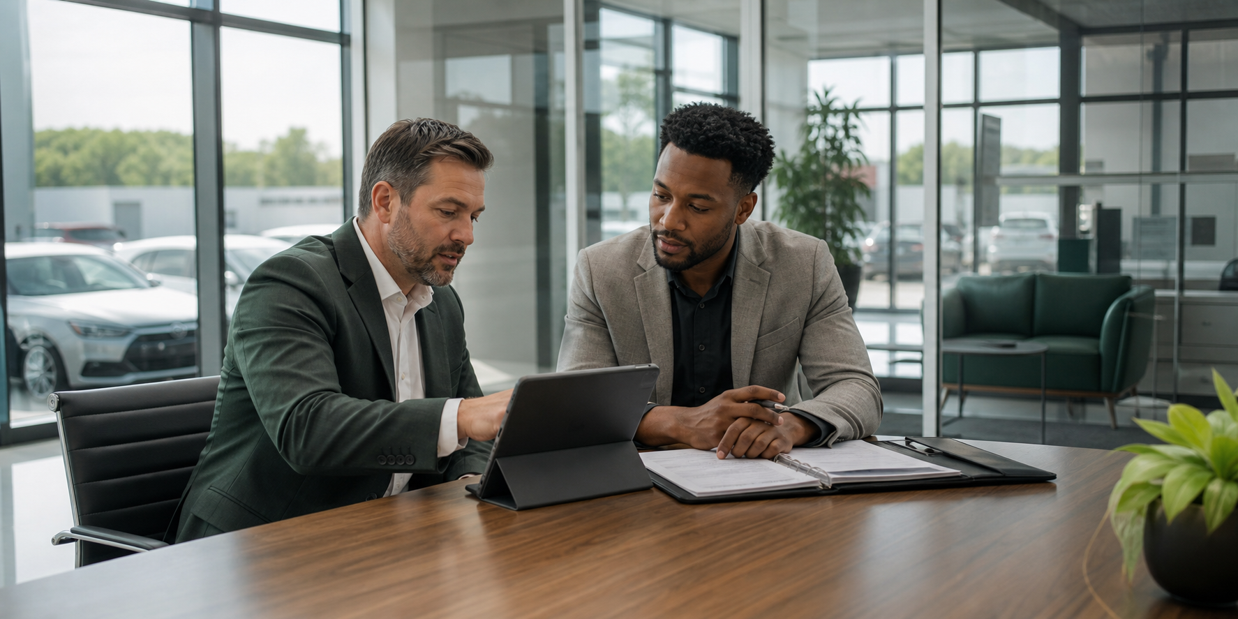 Automotive finance professionals reviewing a portfolio